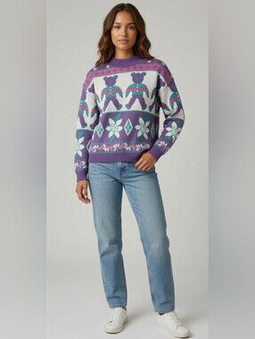 Vintage Sears Purple Teddy Bear Fair Isle Crewneck Sweater